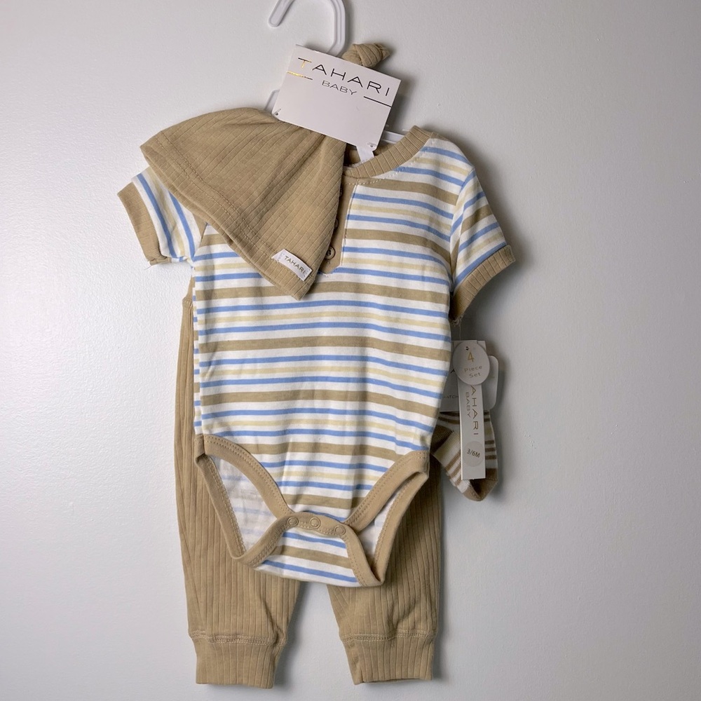Baby Boy 3-6 mo 4pc set Beige & Blue onsie, pants, hat, socks